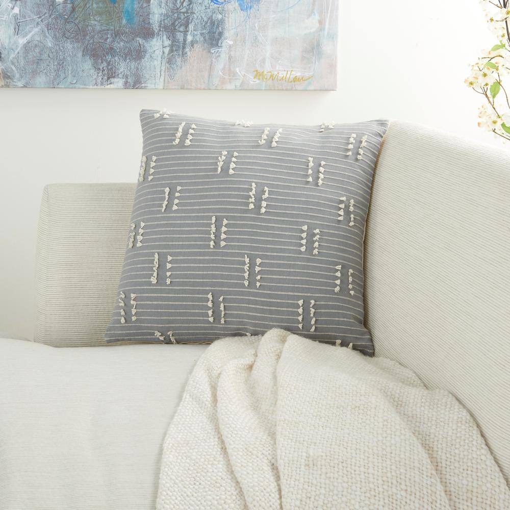 Gray Embroidered Cotton Square Throw Pillow 18"