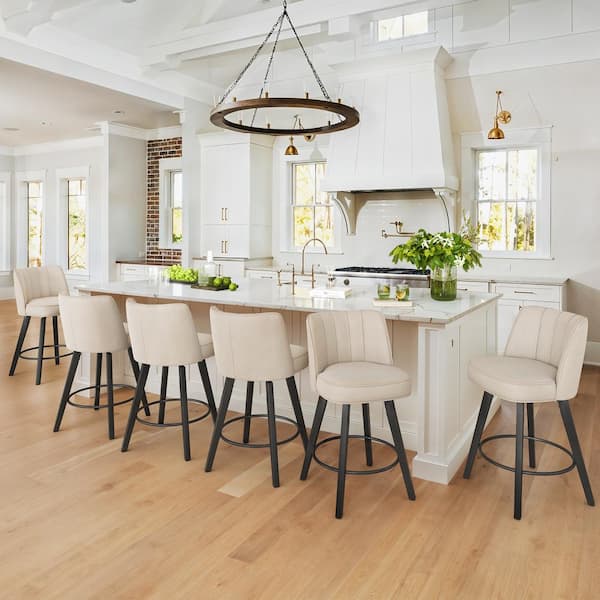 Paul 26 in. Beige Modern Fabric 360° Swivel High Back Barstool Solid Wood Counter Height stool (Set of 6)