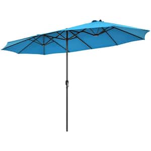 15 ft. Patio Double-Sided Market Patio Umbrella in Blue with Hand-Crank System without Weighted Base