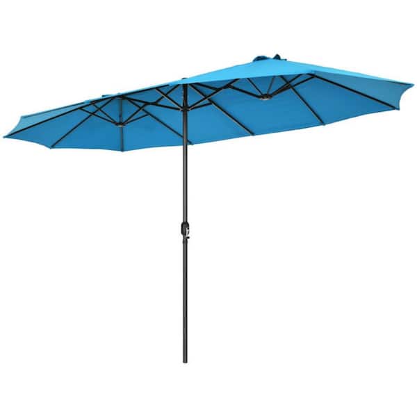 Clihome 15 ft. Patio Double-Sided Market Patio Umbrella in Blue with Hand-Crank System without Weighted Base