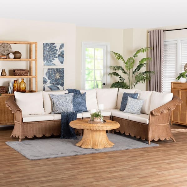 Detta 91.7 in. 4-Piece Peanut Brown Rattan Sectional Sofa with Fabric Cushions