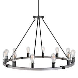 Jericho 60-Watt 12-Light Gray Oak Wood Style Farmhouse Chandelier, No Bulb Included