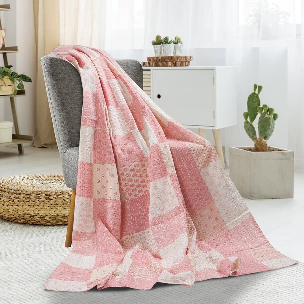 Faith Pink/ Multicolored Patchwork Hand-Stitched All Natural Cotton Throw B