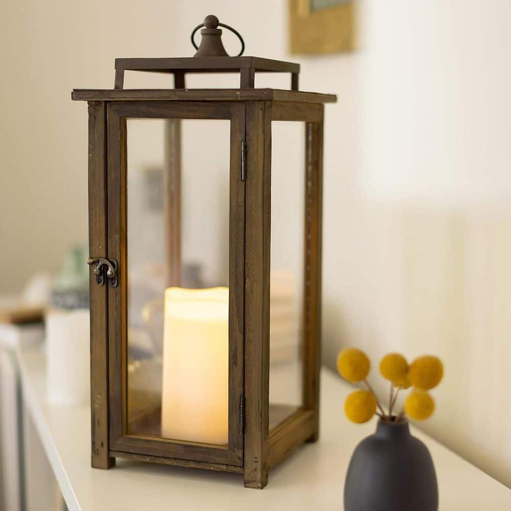 17.5 in. x 8 in. Brown Wood Rustic Lantern without Candle