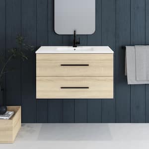 Napa 32 in. W. x 18 in. D Single Sink Bathroom Vanity Wall Mounted in White Oak with Ceramic Integrated Countertop