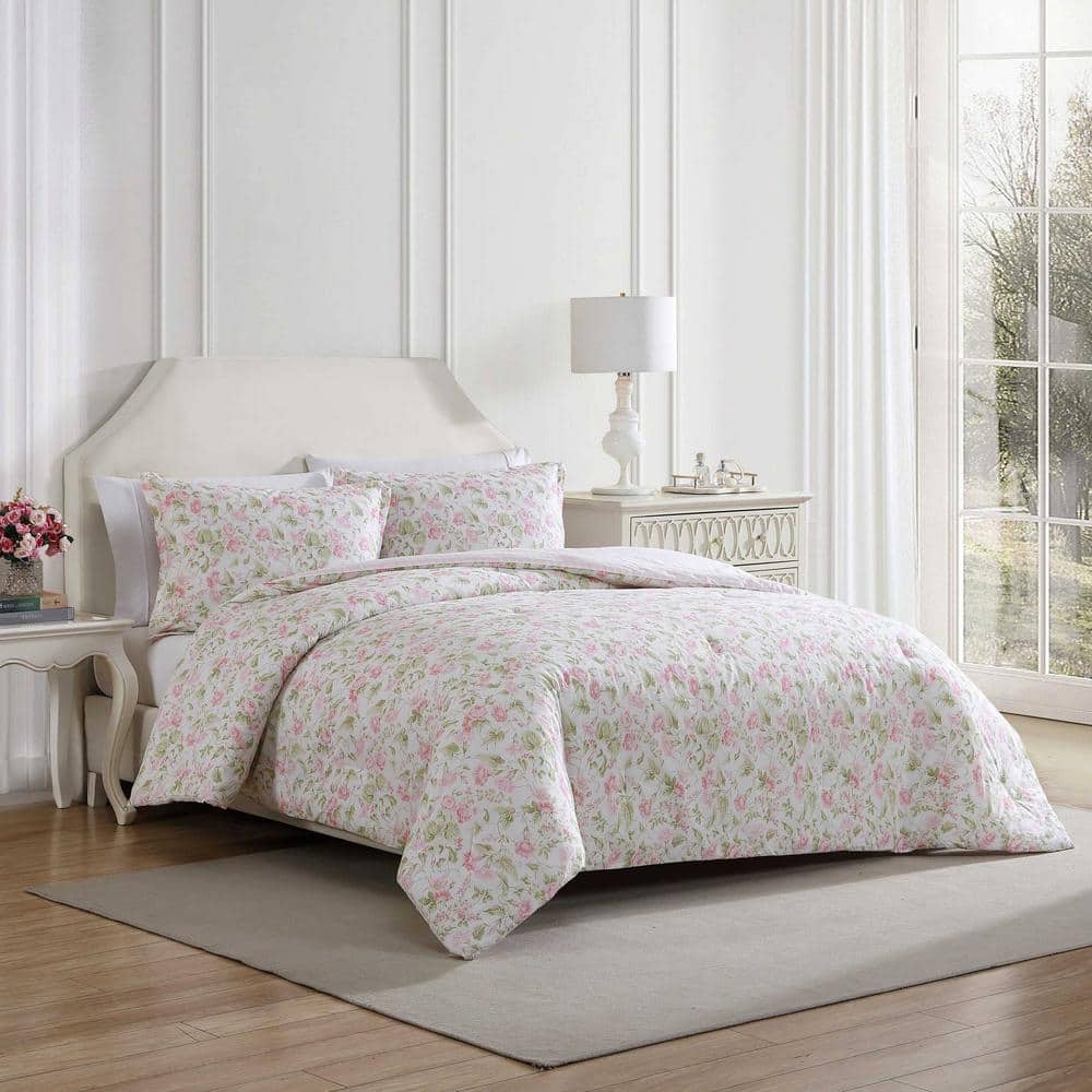Pink Floral Cotton Full Reversible Bedspread Set