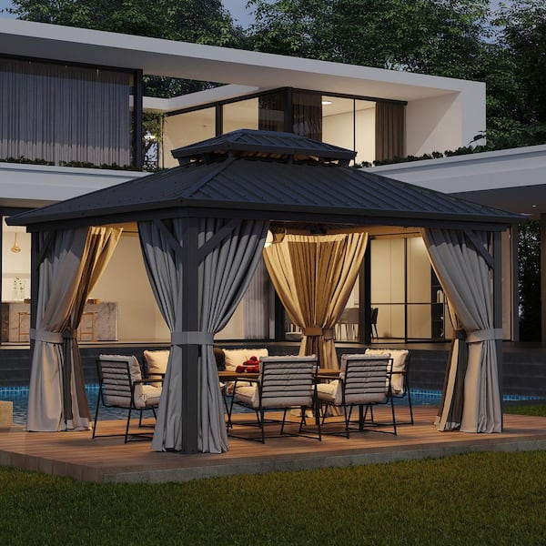 10 ft. x 12 ft. Black Outdoor Dual-Layer Galvanized Steel Gazebo with Netting and Curtains for Garden, Patio, Lawns