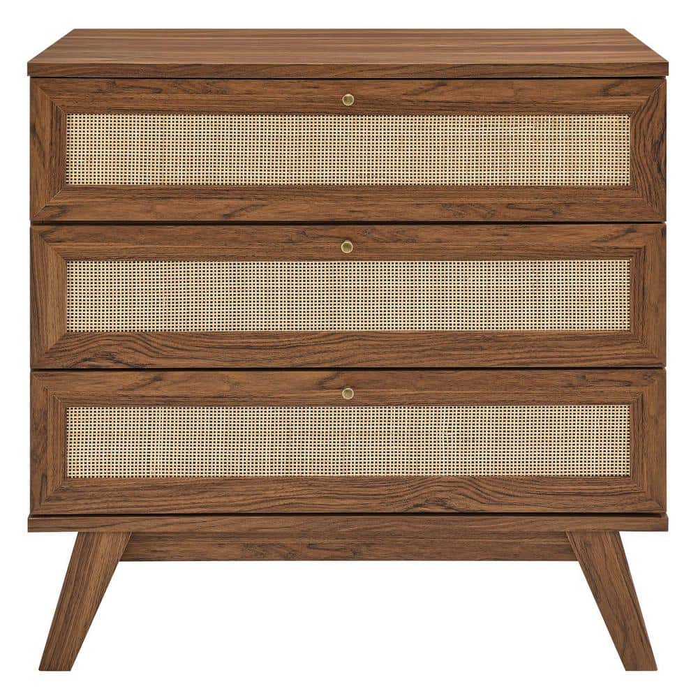 Walnut 3-Drawer Dresser with Rattan Weave Fronts