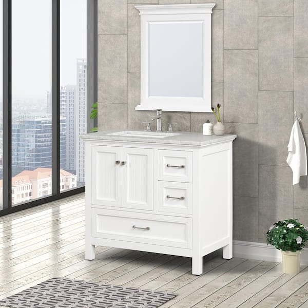 Eviva Britney 36 in. W x 22 in. D x 34 in. H Bath Vanity in White with White Carrara Marble Top with White Sink