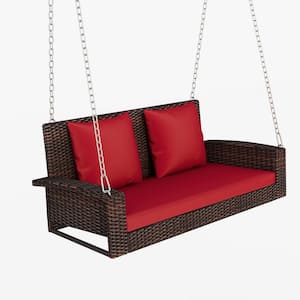 2-Person Brown Wicker Porch Swing Patio Hanging Seat Swing Bench with Chains and Red Cushions