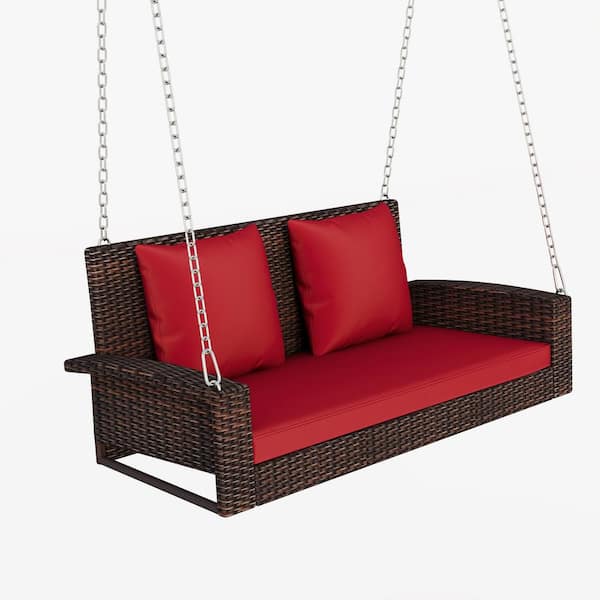 Anvil 2-Person Brown Wicker Porch Swing Patio Hanging Seat Swing Bench with Chains and Red Cushions
