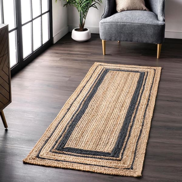 Rikki Braided Border Jute Navy 3 ft. x 10 ft. Indoor Runner Rug