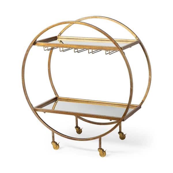 Mercana Carola Gold Frame 2-Tier Glass Shelves with Stemware Holder Bar Cart