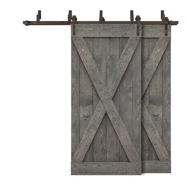 CALHOME 76 in. x 84 in. X Series Bypass Weather Gray Stained Solid Pine Wood Interior Double Sliding Barn Door with Hardware Kit