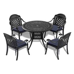 5-Piece Cast Aluminum Outdoor Dining Set with Stackable Dining Chairs, Round Table and Random Colors Seat Cushions