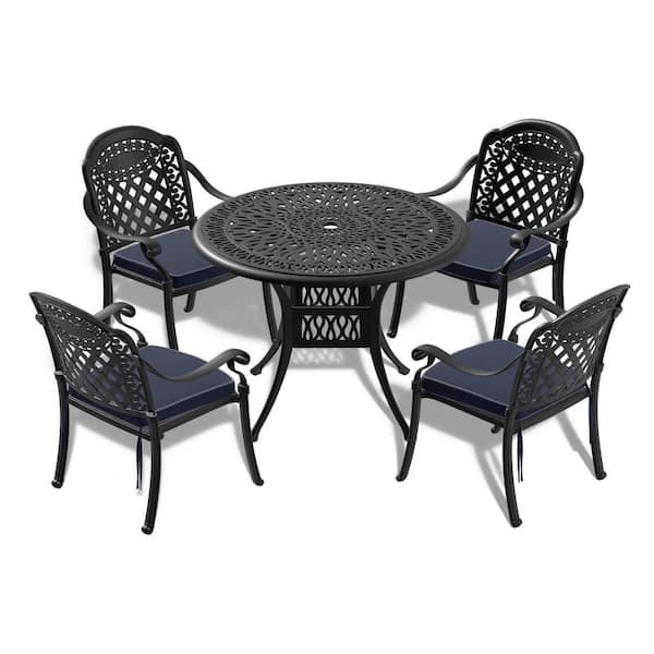 Anvil 5-Piece Cast Aluminum Outdoor Dining Set with Stackable Dining Chairs, Round Table and Random Colors Seat Cushions