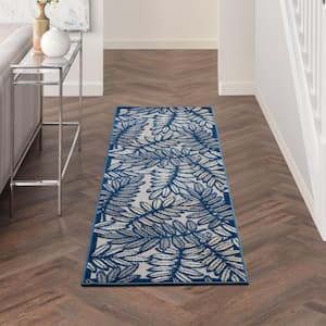 Aloha Ivory/Navy 2 ft. x 6 ft. Kitchen Runner Floral Contemporary Indoor/Outdoor Patio Area Rug