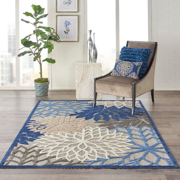 Aloha Blue/Multicolor 6 ft. x 9 ft. Floral Modern Indoor/Outdoor Patio Area Rug