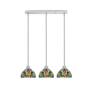 Albany 60-Watt 3-Light Brushed Nickel Linear Pendant Light with Kaleidoscope Art Glass Shades and No Bulbs Included