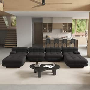146 in. Square Arm Teddy Velvet 6-Piecer Deep Seat Modular Sectional Sofa with Ottoman in Black