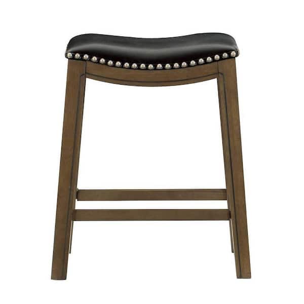 EVERGLADE HOME Pecos 26 in. Brown Backless Wood Frame Saddle Bar Stool with Black Faux Leather Seat