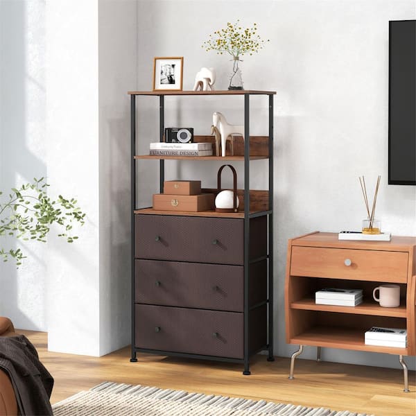 Gymax 22 in. Rustic Brown 3 Drawer Dresser W/ Open Shelves Home Vertical Fabric Storage Unit Metal Frame