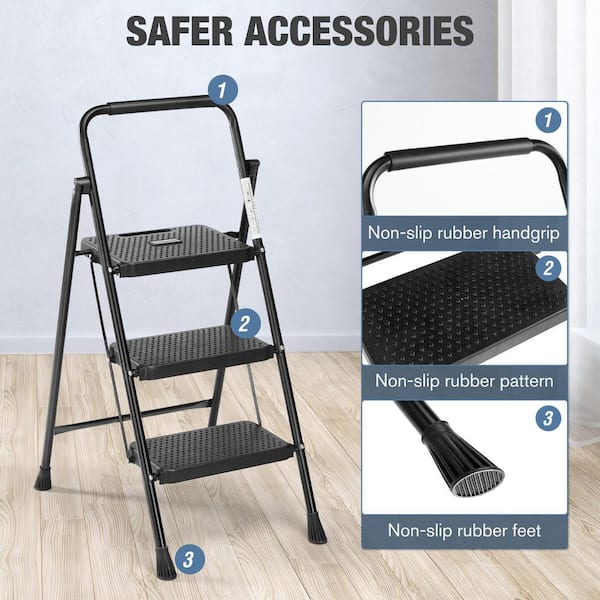 3-Step Lightweight Steel Step Stool (8 ft. Reach) with Anti-Slip Wide Pedal and Handrails, 800 lbs. Load Capacity