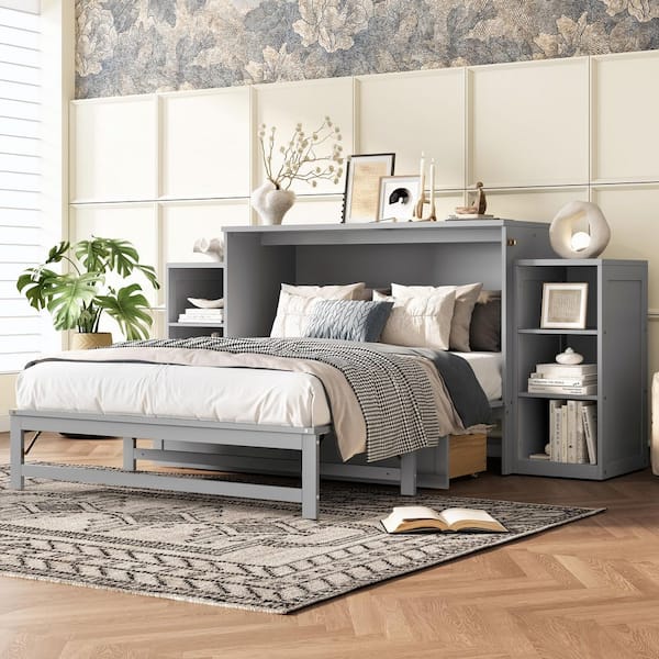Dalton Gray Wood Frame Folding Full Size Murphy Bed with Spacious Storage Drawers and Shelves