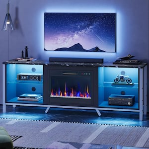 70 in. Freestanding Fireplace TV Stand with Glass Shelves Fits TVs up to 75 in. LED Entertainment Center in Black Marble