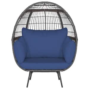 Wicker Outdoor Chaise Lounge Oversized Patio PE Rattan Egg with 4 Navy Cushions