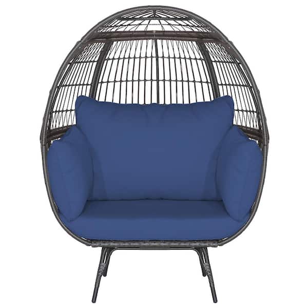 ANGELES HOME Wicker Outdoor Chaise Lounge Oversized Patio PE Rattan Egg with 4 Navy Cushions