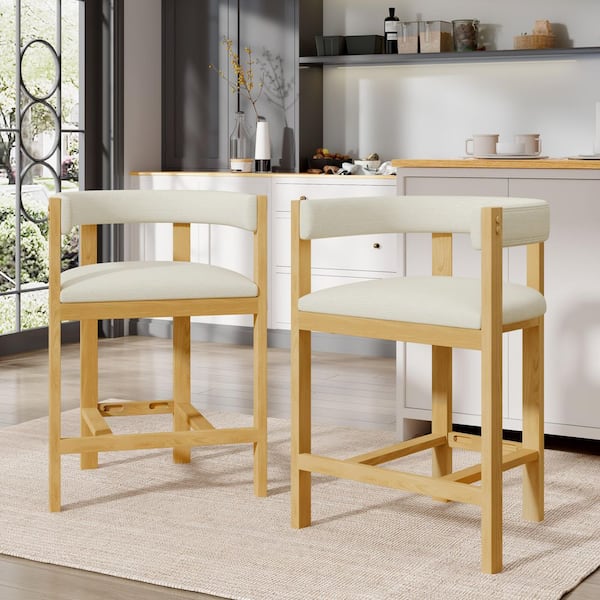 Victoria 26.5 in. Modern Upholstered Open Back Counter Stools, Rubberwood, Beige plus Natural(Set of 2)