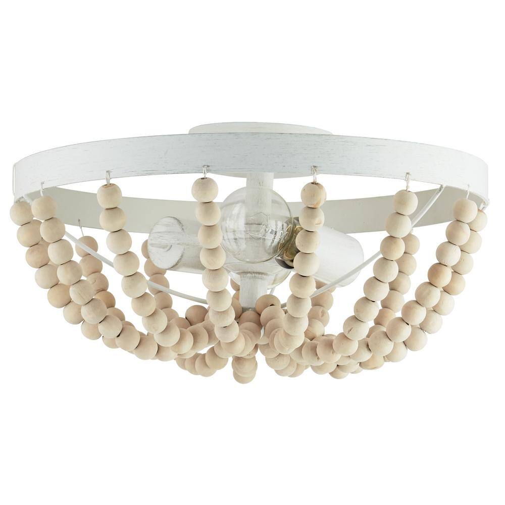 Bohemian 17" White Glass Bowl Semi-Flush Mount with Wooden Beads