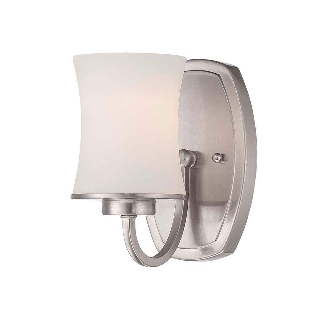 Hampton Bay Chaplinne 1-Light Satin Nickel Sconce with Frosted White ...