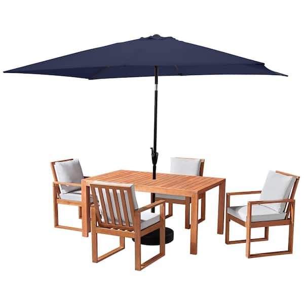 Alaterre Furniture 6 Piece Set, Weston Wood Outdoor Dining Table Set with 4 Cushioned Chairs, 10-Foot Rectangular Umbrella Navy