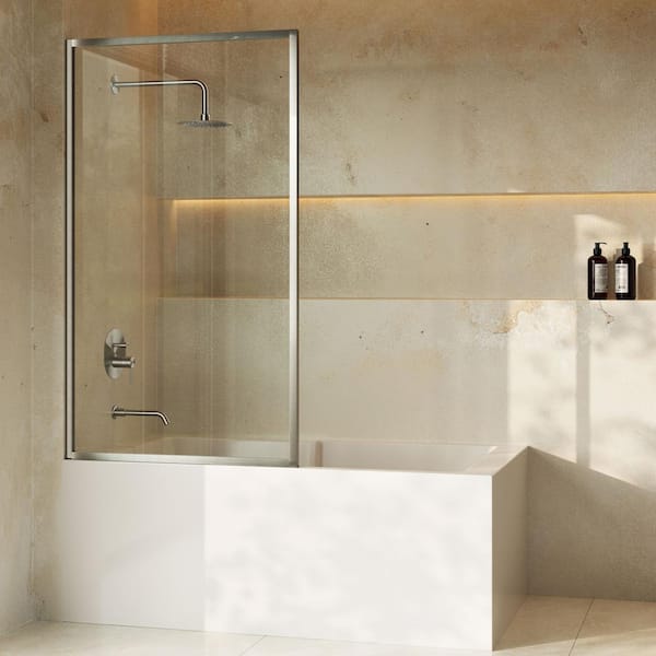Pierre 34 x 58 Framed Fixed 3/8 in. (10mm) Clear Tempered Glass Tub Door with Nickel Brushed Frame