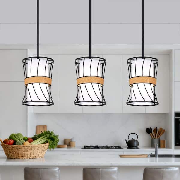 1-Light Matte Black Modern Drum Pendant Light with White Fabric for Dining Room (Set of 3)