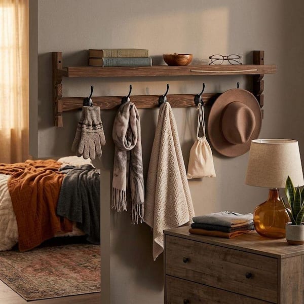 28 in. Brown Wood Wall Mount Coat Rack with 5 Dual Hooks LINBQ642