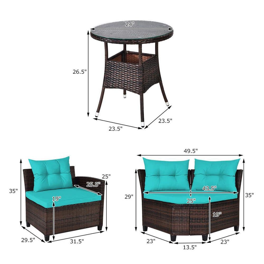 Turquoise Cushioned Rattan Outdoor Furniture Set with Glass Table