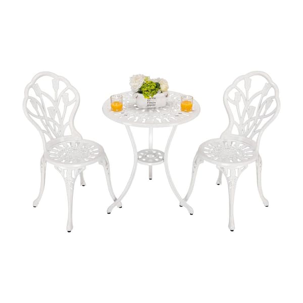 Mondawe 3-Piece White Frame Cast Aluminum Outdoor Patio Bar Height Bistro Set with Unique Tulip Design Back for Garden