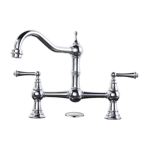 Vintage Double Handle High Arc 2-3 Hole Brass Bridge Kitchen Faucet with Sink Hole Cover in Polished Chrome