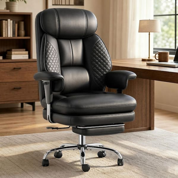 Leather High Back Ergonomic Rocking Executive Chair in Black with Foot Rest Adjustable Armrests and Height