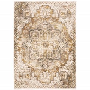 Gold and Ivory 3 ft. x 5 ft. Oriental Power Loom Stain Resistant Fringe with Area Rug