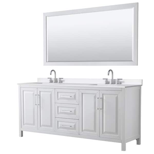 Wyndham Collection Daria 80 in. W x 22 in. D x 35.75 in. H Double Bath Vanity in White with White Quartz Top and 70 in. Mirror