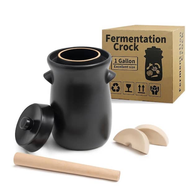 1 Gal. Stoneware Fermentation Pot, Glazed Fermenter with Stone Weights, Lid and Pickle Tamper, Safe and Sturdy