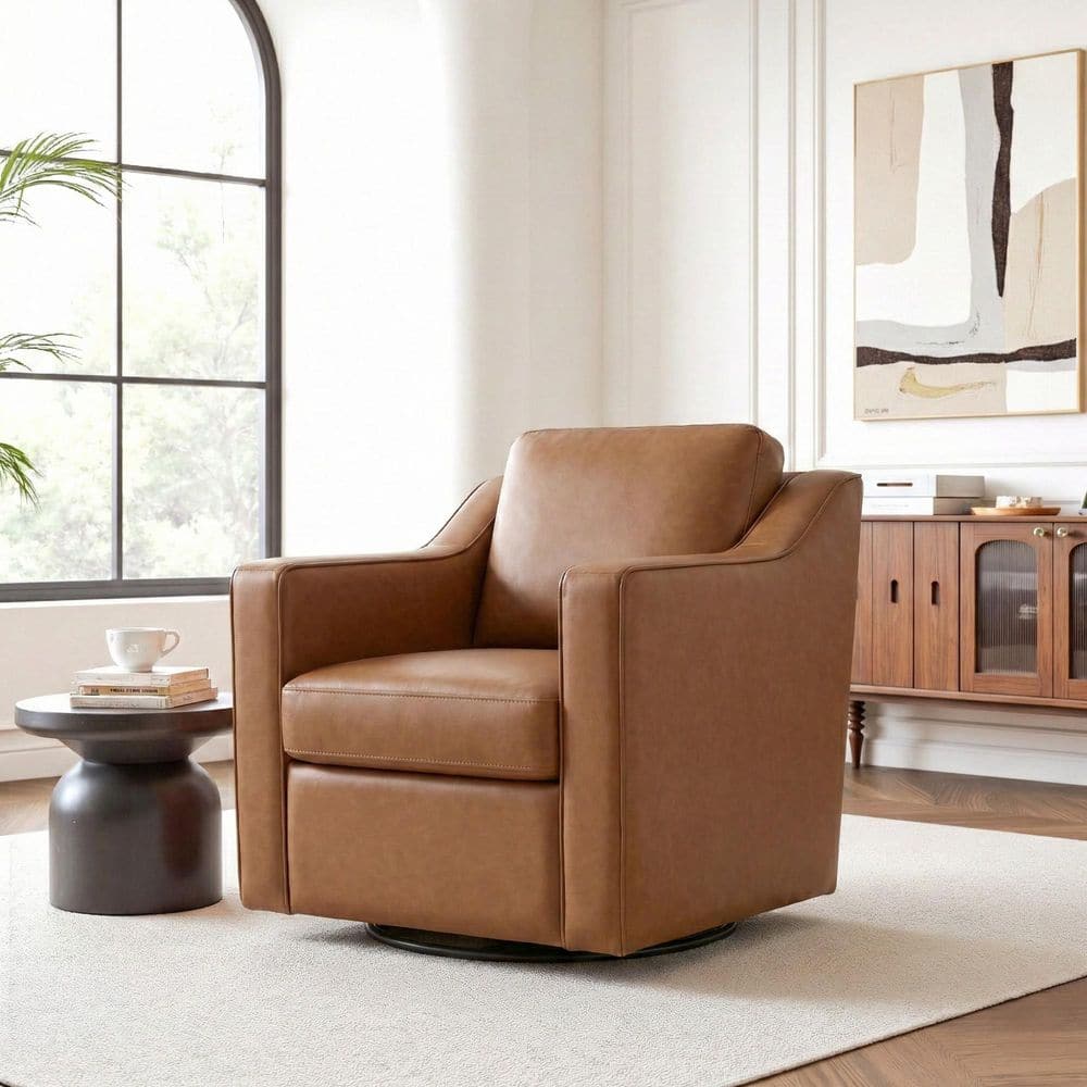Brown Faux Leather Upholstered Swivel Accent Barrel Chair(Set of 1)