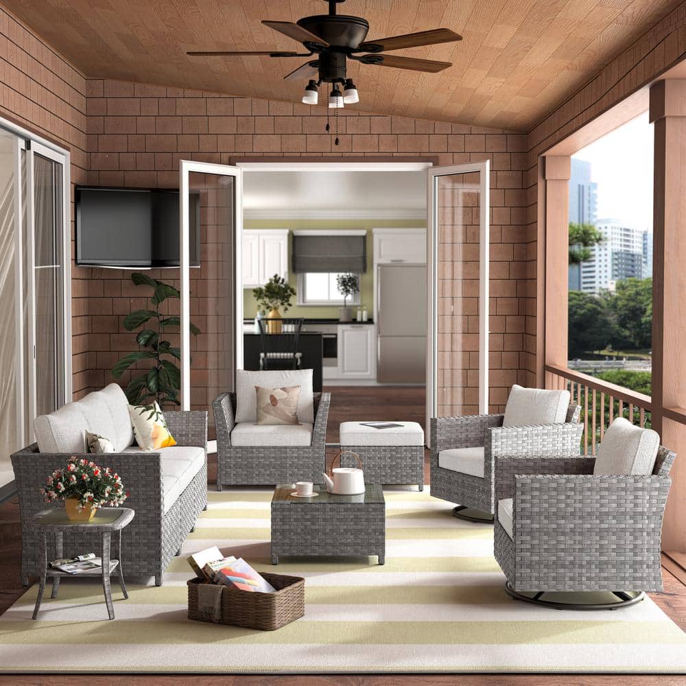 Alfresco Allure Gray 9-Piece Wicker Patio Conversation Sectional Sofa Set with Beige Cushions and Swivel Rocking Chairs price history on PriceWatchPro