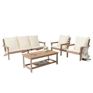 Brown 4-Piece Wood Grain Plastic Patio Conversation Set with Beige Thickened Cushions