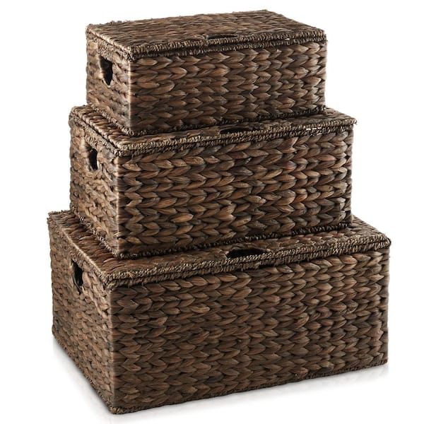 Casafield Brown Espresso 21.25 in. x 24.75 in. Wicker Hyacinth Decorative Baskets Storage Bins (Small/Medium/Large)