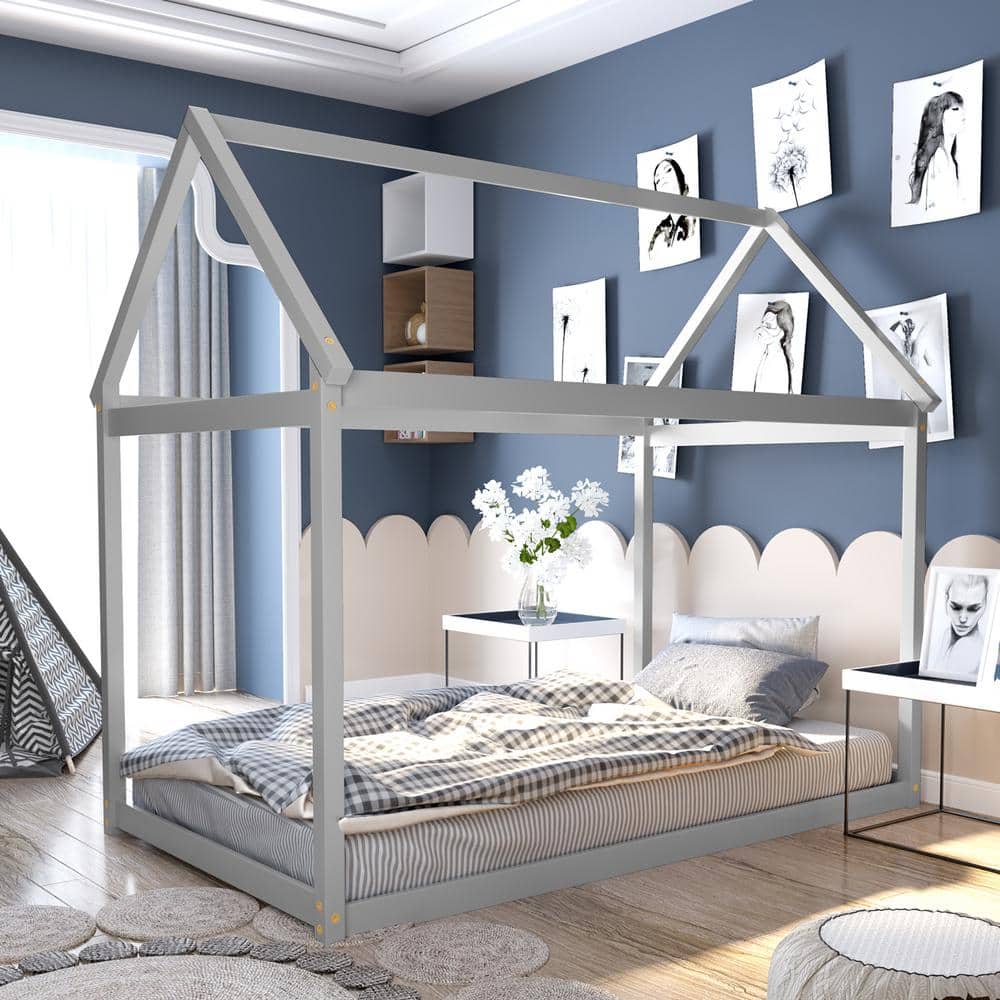 Gray Twin House Bed with Wood Frame and Roof
